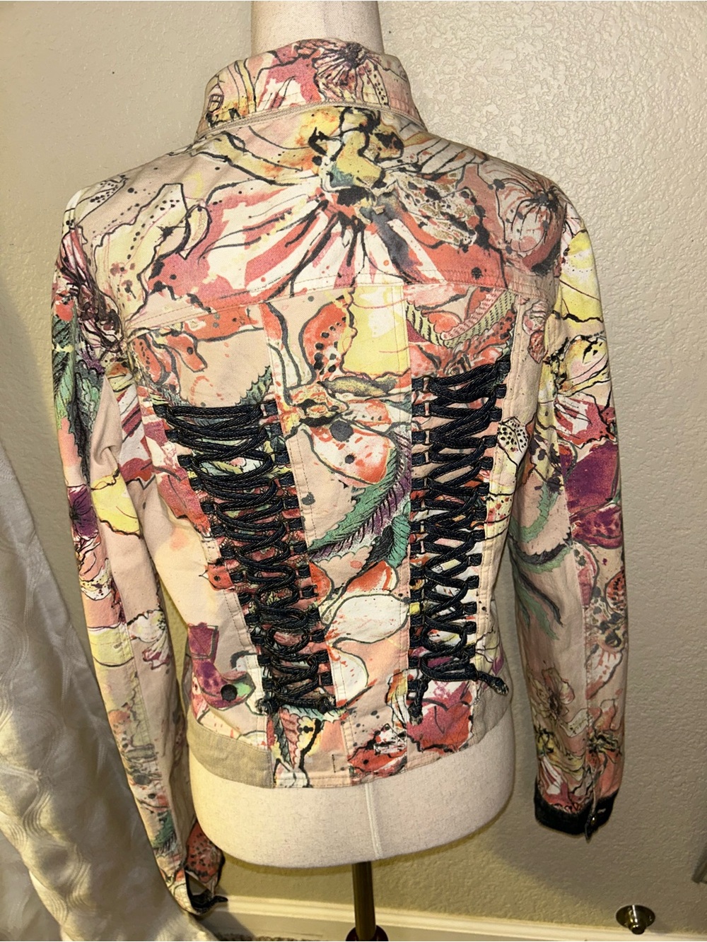 Just Cavalli by Roberto Cavalli Printed Denim jacket lace up corset back XL